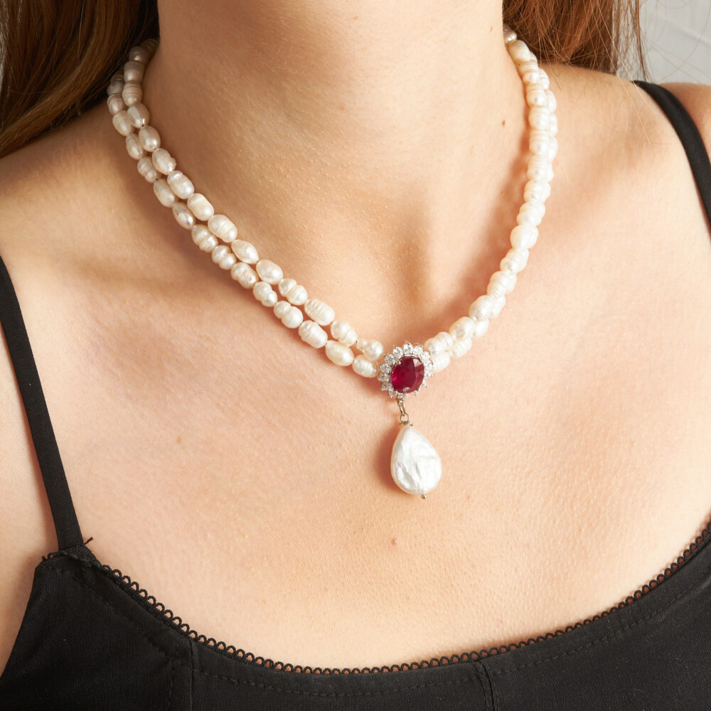 Pearl with ruby-tone stone, baroque drop, double strand, silver tone.