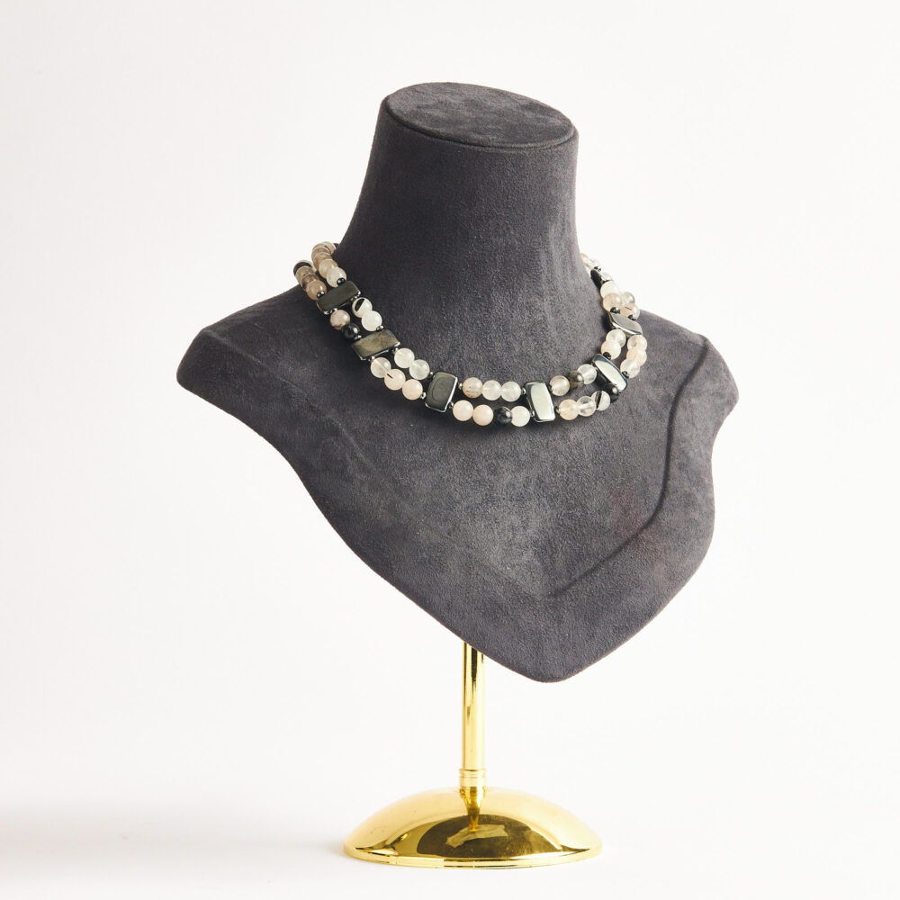 Angel hair hematite detaylı, double strand silver tone necklace.