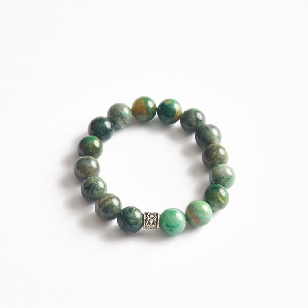 Moss Agate (Yosun Akik) 11 mm küre kesim bileklik – önden görünüm.
